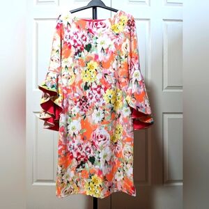 Shelby & Palmer Pink and Orange Sheath Dress with Bell Sleeves Size 10.EUC